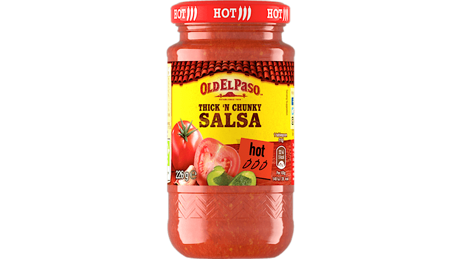 glass jar of Old El Paso's hot thick and chunky salsa (226g)